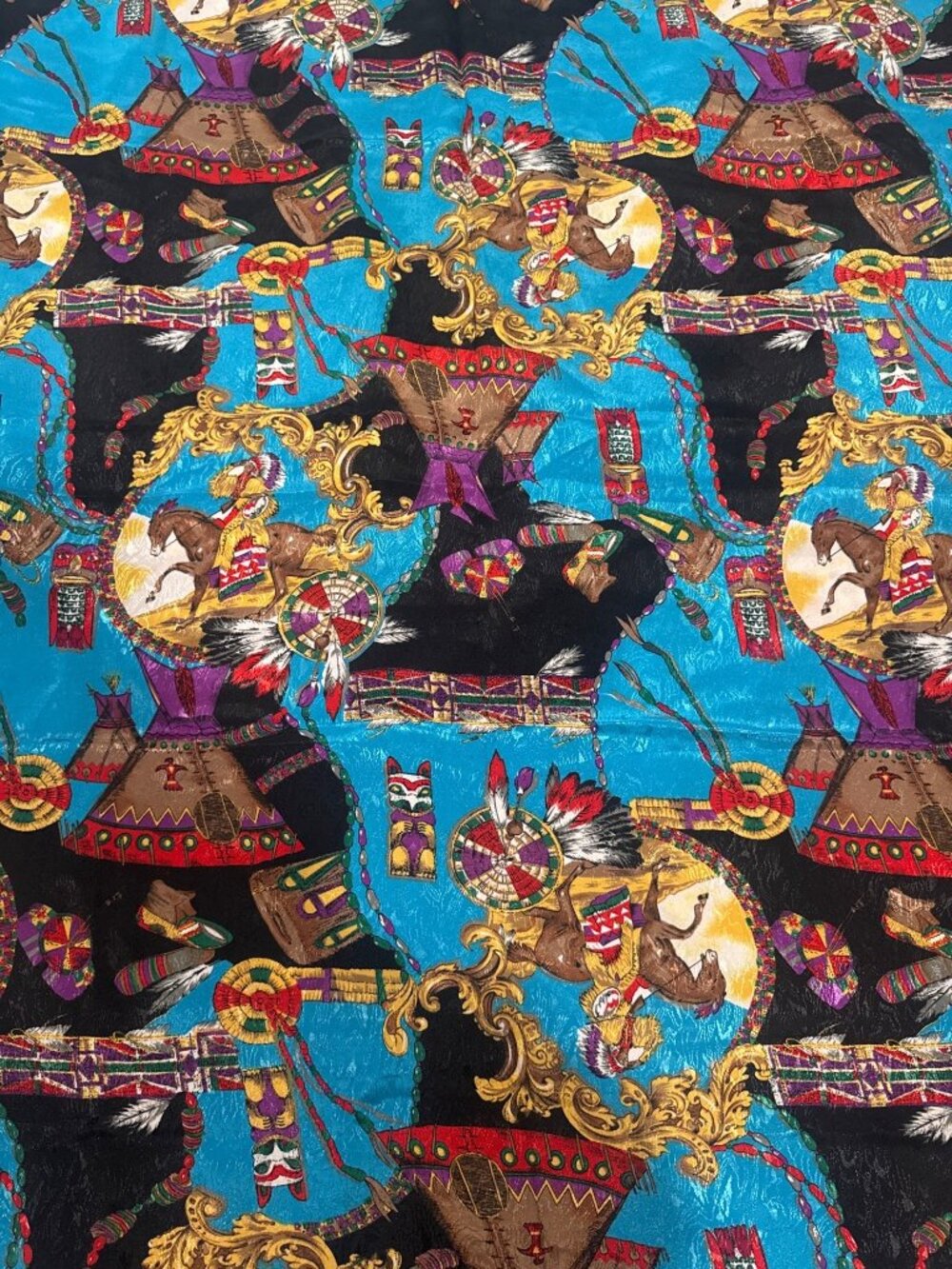 Vtg Spectrix/Pantera Fabric 2 Yards Turquoise/Black Native American Silky Shiny
